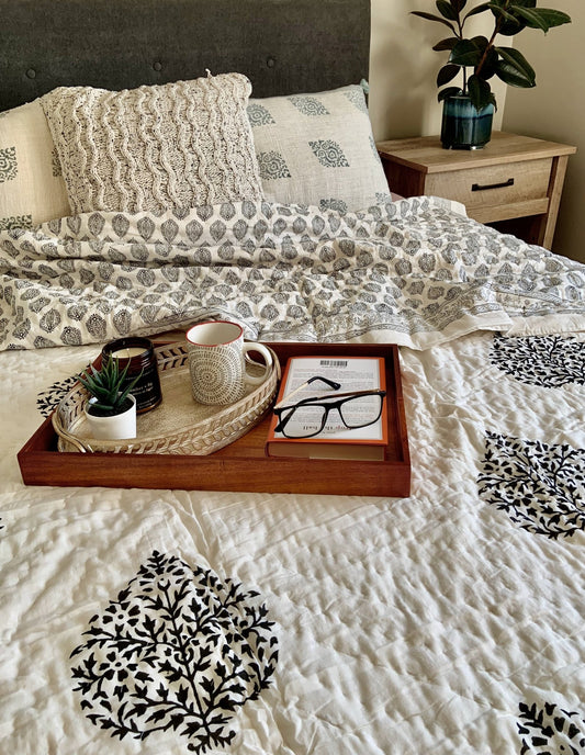 Black Spade Reversible Block Printed Cotton Quilt- KING/ QUEEN