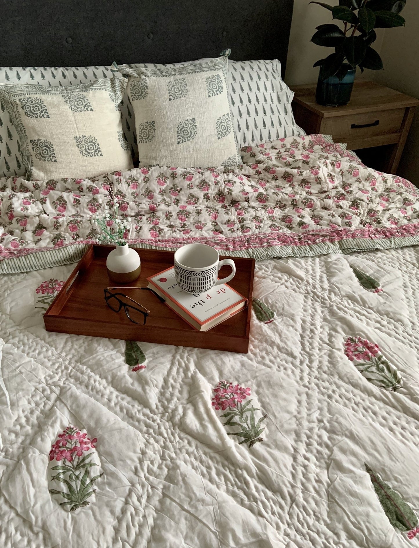Breezy Bloom Reversible Block Printed Cotton Quilt- KING/ QUEEN