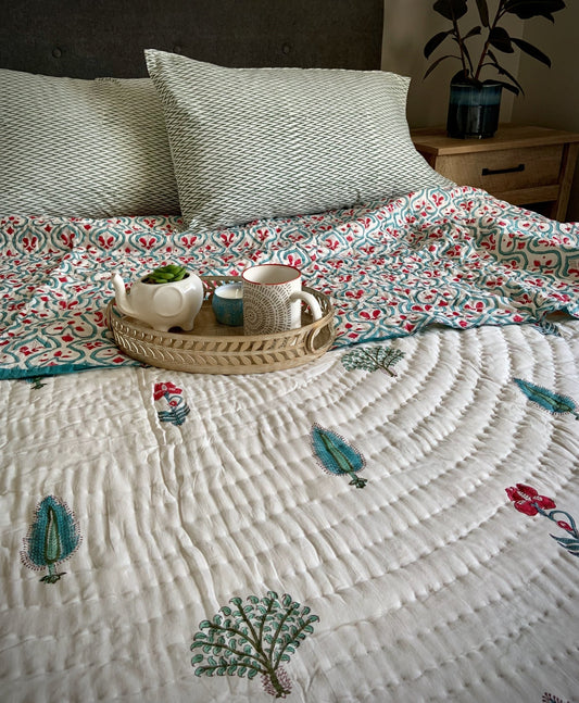 Ella Reversible Block Printed Cotton Quilt- KING/ QUEEN