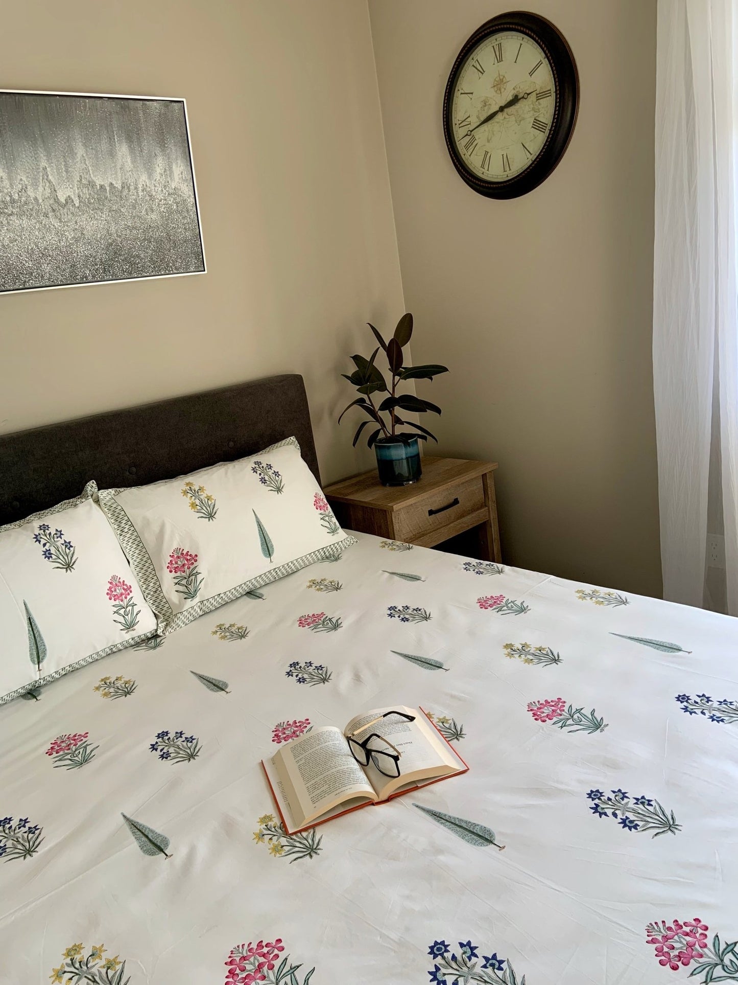 Fresh Foliage Block Printed Cotton Bed Sheet- QUEEN